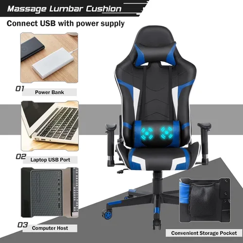 Miniatura 5 de DORTALA Silla ergonómica para videojuegos, silla de carreras de respaldo alto con soporte lumbar de masaje, bolsillo para banco de energía Azul