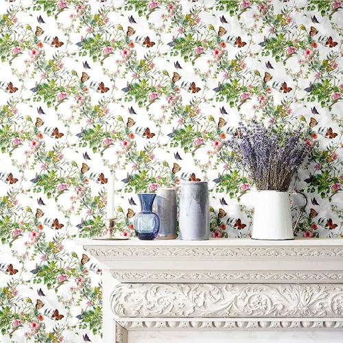 Miniatura 4 de Blooming Wall DPYA24 - Papel tapiz removible con diseño de arbustos de flores silvestres de primavera con mariposa alrededor de despegar y pegar