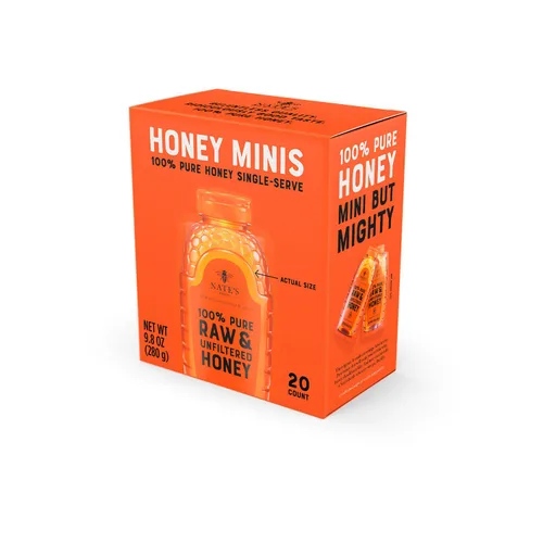 Nate's Honey Minis - Miel de una sola porción 100% pura, cruda y sin filtrar, rellenos de calcetines navideños, paquetes de 0.49 onzas, caja de 20