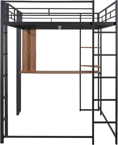 Miniatura 8 de Merax Cama alta de metal de tamaño matrimonial que ahorra espacio con 2 estantes y 1 escritorio, dos escaleras integradas y barandillas, no necesita