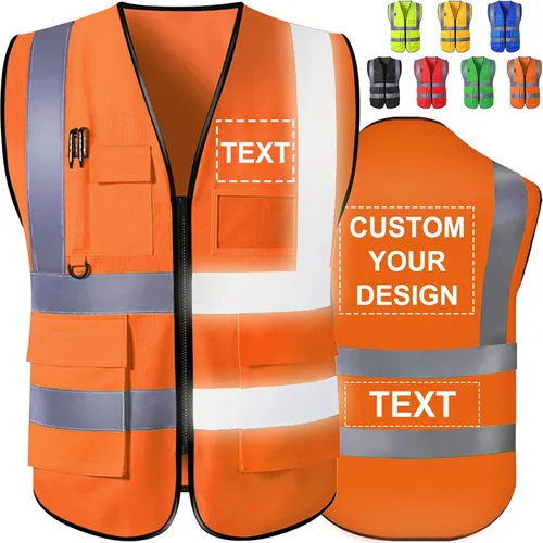 Miniatura 9 de Chaleco de seguridad personalizado de alta visibilidad, reflectante, con logotipo, bolsillo para fotos, cremallera, personalizable, clase 2