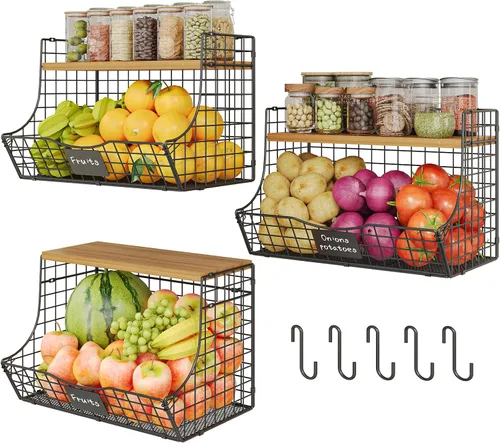 Miniatura 10 de Paquete de 3 cestas de frutas para cocina con tapa de madera - Almacenamiento de cebollas y papas montado en mostrador y pared con placa