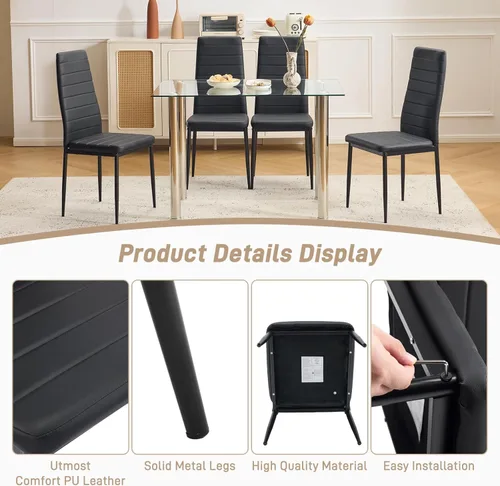 Miniatura 3 de Karl home Juego de 4 sillas de comedor, sillas de cocina de cuero sintético PU negro con respaldo alto acolchado y protección de tapas para pies