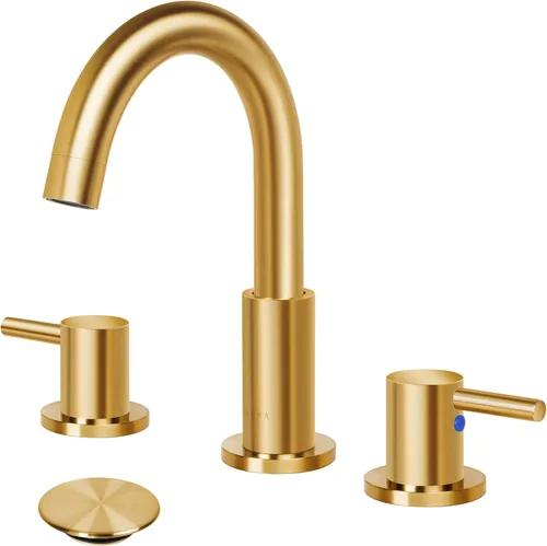 Miniatura 22 de SOKA Grifo de baño central de dos asas para fregadero de acero inoxidable de arco alto con placa de cubierta y montaje de drenaje desplegable