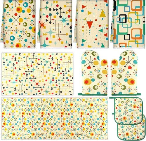 Fanfanwin Juego de 10 manoplas de horno coralinas para ollas, juego de alfombras y toallas de cocina de mediados de siglo de los años cincuenta,