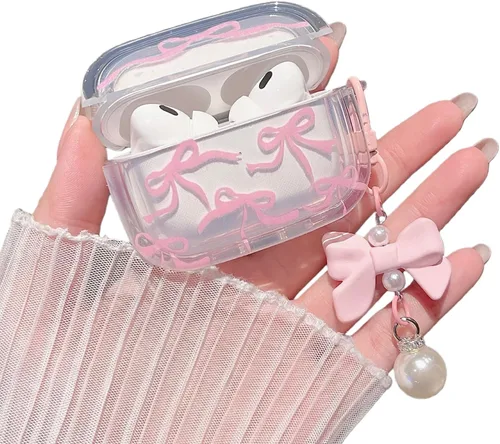 Miniatura 12 de MINSCOSE Funda para AirPods Pro de 2ª/1ª generación, diseño de corazón con lazo de cinta femenina con bonito llavero de perla, funda protectora