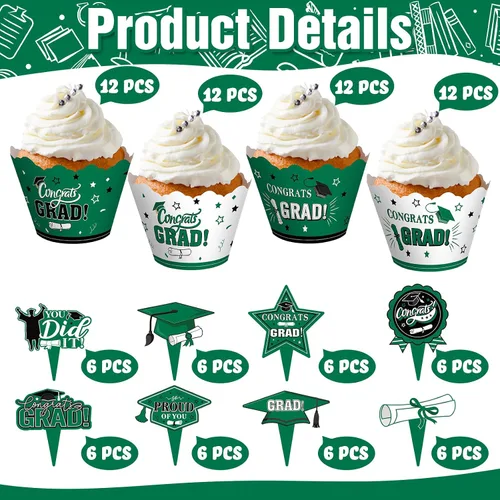 Miniatura 2 de Lincia 96 Pcs 2026 Graduation Cupcake Toppers 2026 Graduation Cupcake Liners Decorations with Picks, Grad Party Supplies Cake Topper and Green
