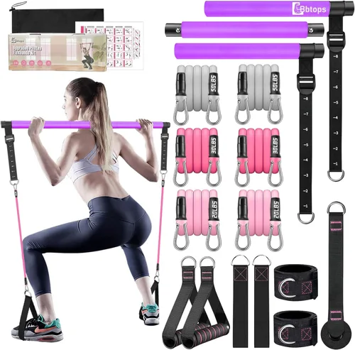 Miniatura 12 de Kit de barra de pilates Bbtops con bandas de resistencia, barra de pilates con bandas apilables, equipo de entrenamiento para piernas, cadera, Negro