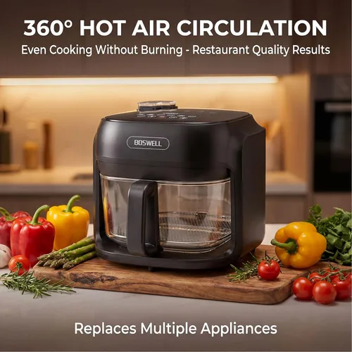 Miniatura 2 de Freidora de aire de vidrio de 7.5 cuartos de galón, cuenco para freír transparente, circulación de aire caliente de 360°, control táctil digital,