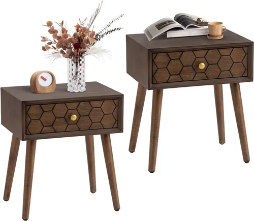 Miniatura 10 de COSIEST Mesita de noche, mesa auxiliar rústica con 3 cajones, mesa de noche de madera vintage con patas robustas, mesa auxiliar moderna