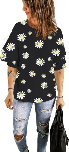 Miniatura 5 de luvamia Blusa estilo informal de mangas 34, acampanada y escalonada, cuello redondo, holgada, para mujer