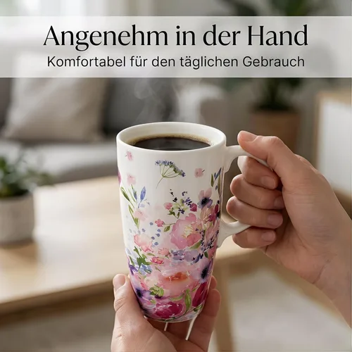 Miniatura 2 de Topadorn Tazas de Viaje de Cerámica Taza de Té Latte de Porcelana Taza de Café con Caja de Regalo, 17 oz. Jardín Rosa Rosa (PINK GARDEN)