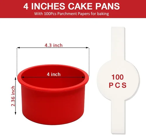 Miniatura 2 de Alimat PluS Molde redondo de silicona para tartas de 4 pulgadas, paquete de 5 mini moldes para pasteles con 100 piezas de papel pergamino, moldes