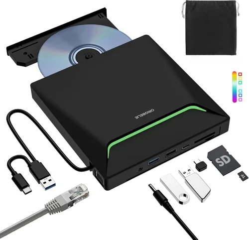 Miniatura 13 de ORIGBELIE Unidad externa de CD y DVD, grabadora de CD USB 3.0 con 2 puertos USB y 2 ranuras para tarjetas TF/SD, unidad de disco óptico