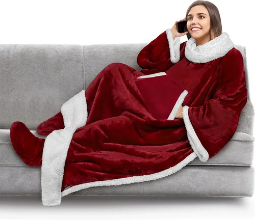 Miniatura 11 de PAVILIA Manta de forro polar con mangas, bolsillos para los pies para mujeres, hombres y adultos, manta de felpa para llevar, cálida manta