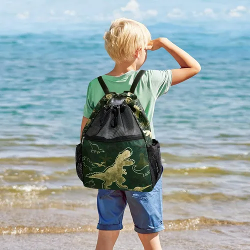 Miniatura 7 de WAWSAM Mochila con cordón para niños - Bolsa de malla con cordón para niños, Dinosaurio verde oscuro, Dinosaurio
