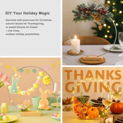 Miniatura 6 de Paquete de 12 aros florales con soporte y luces LED de hadas de 14 pulgadas, anillos de metal para centro de mesa DIY, decoraciones para Plata