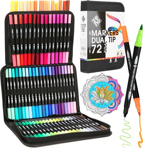 ZENO 72 Marcadores de Doble Punta con Estuche – Marcadores para Colorear sin Sangría para Adultos - Lápices de Arte para Libros de Colorear, Punta