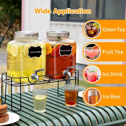 Miniatura 5 de Dispensador de bebidas de vidrio de 1.6 galones, 2 piezas dispensador de bebidas con soporte, dispensador de limonada con grifo de acero inoxidable
