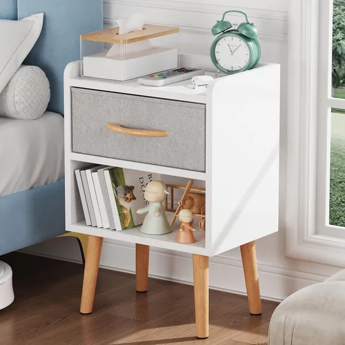Miniatura 4 de LUCKNOCK Mesita de noche blanca con cajón, mesita de noche moderna de mediados de siglo, mesita de noche de madera resistente con estante
