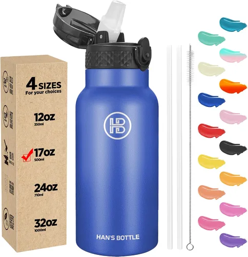 Miniatura 10 de Han's Bottle - Botella de agua para niños con tapa con pajilla - Vaso reutilizable de acero inoxidable aislado para niñas, niños, taza termo, 17