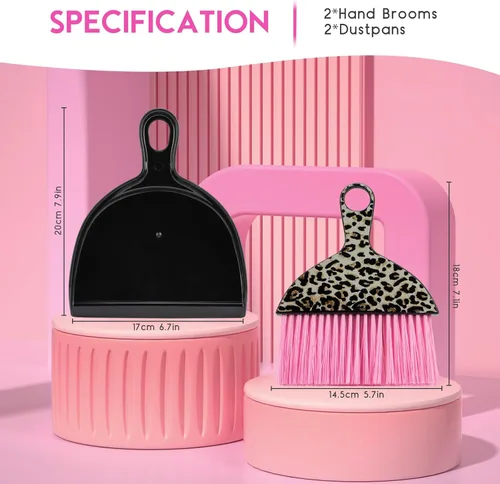 Miniatura 5 de THINKLEARN Juego de 2 mini recogedores y cepillos, juego de escoba pequeña y recogedor con diseño de estampado de leopardo rosa, escoba de mano