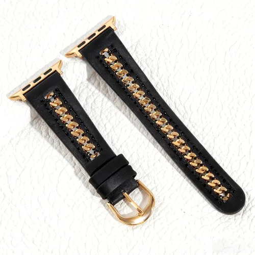 Miniatura 6 de HANDODO Correa de piel auténtica italiana con detalles de cadena dorada, compatible con Apple Watch Series 10 9 8 7 6 5 4 3 2 1 SE SE2 Ultra, correa