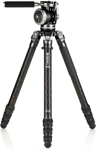Benro Mammoth - Trípode de fibra de carbono de 4 secciones con cabezal fluido WH15 Wildlife de 2 vías, cuenco resistente de 2.953 in, contrapeso de
