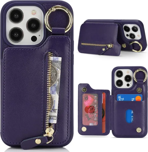 Miniatura 17 de Havaya Funda para iPhone 13 Pro con tarjetero y llavero, soporte de cuero, a prueba de golpes, con ranuras para tarjetas de crédito, cremallera