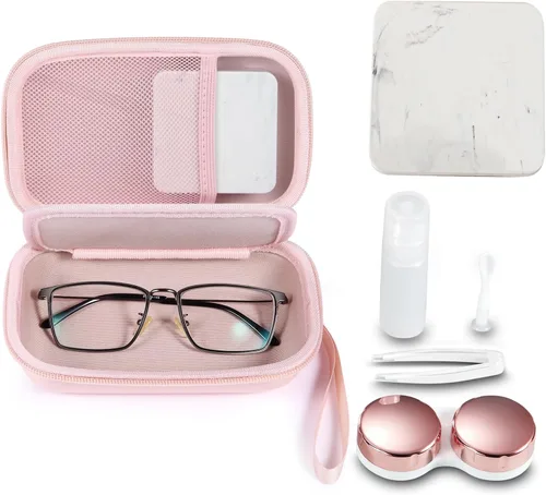 MUQING Gafas portátiles y estuche de contacto 2 en 1, estuche de contacto de viaje, soporte para caja, incluye espejo integrado, pinzas, botella de