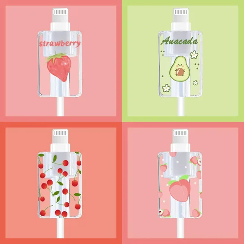 Miniatura 6 de CameCosy Juego de 4 protectores de cable de frutas para cargador de iPhone, diseño Kawaii de aguacate rosa, fresa, cereza y melocotón, protector