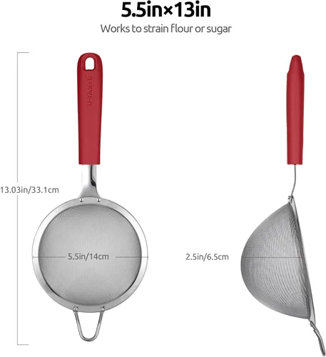 Miniatura 2 de Colador de malla de acero inoxidable 18/8: U-Taste de 14 cm de malla fina para cocina, colador de alimentos con mango de silicona remachado y (4)