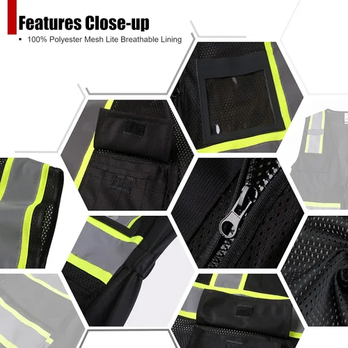 Miniatura 3 de Chaleco de seguridad para mujer, chaleco de alta visibilidad con 8 bolsillos y cremallera frontal, chaleco reflectante de malla que cumple