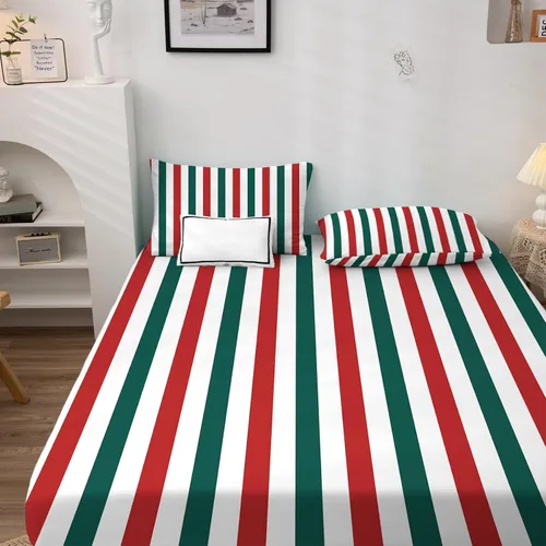 Miniatura 3 de Sábanas de Navidad tamaño individual – Sábanas de cama a rayas rojas y verdes, microfibra suave, bolsillo profundo, sábanas y fundas de almohada