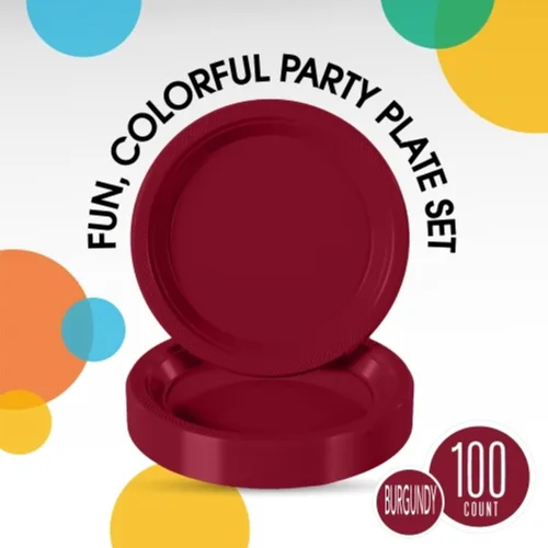 Miniatura 2 de Exquisitos platos de plástico color borgoña de Party Solids para fiesta, platos desechables de 9 pulgadas, color burdeos, resistentes, 100 piezas
