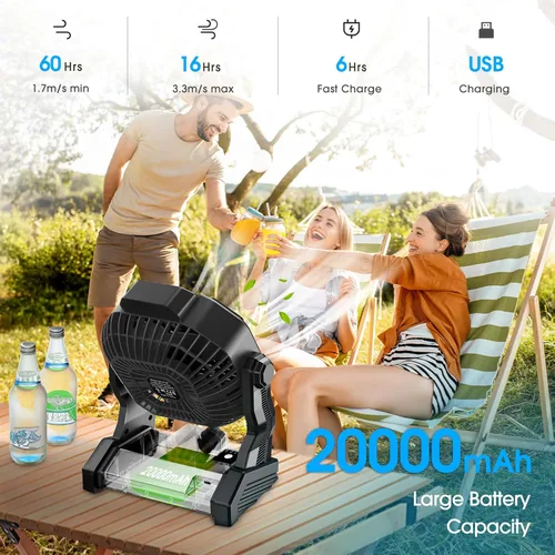 Miniatura 2 de JINLICTE Ventilador de Camping con Linterna LED, 20000 mAh, 9 Pulgadas, Ventilador Portátil Recargable con Batería, con Velocidad Variable y Negro