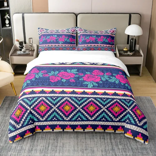 Miniatura 18 de Juego de ropa de cama 100% algodón exótico con funda de edredón individual, diseño tribal, suroeste americano, étnico, bohemio, abstracto