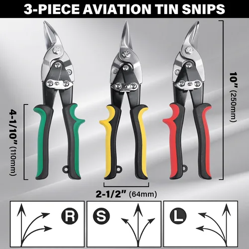 Miniatura 2 de HAUTMEC HT0068 - 3 tijeras de hojalata de aviación para cortar láminas de metal, tijeras de metal CR-V de alta resistencia, herramientas de corte