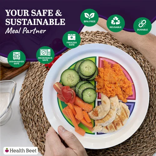 Miniatura 3 de Health Beet Placa de control de porciones de dieta macro de 10 pulgadas para una alimentación equilibrada, 3 secciones planas para verduras