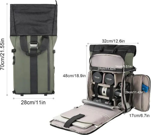 Miniatura 5 de Mochila impermeable para cámara Besnfoto, bolsa de fotografía con tapa enrollable para cámara DSLR SLR sin espejo con compartimento para laptop