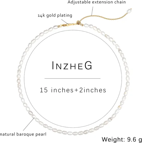 Miniatura 5 de InzheG Gargantilla de perlas de agua dulce, chapado en oro de 14 quilates, hecho a mano, delicado collar de perlas de oro cultivado barroco