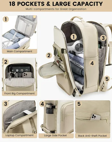 Miniatura 4 de LOVEVOOK Mochila de Viaje Grande para Mujeres Equipaje de Mano Mochila Bolsas de Artículos Personales Esenciales, Caqui-beige, Mochilas de viaje