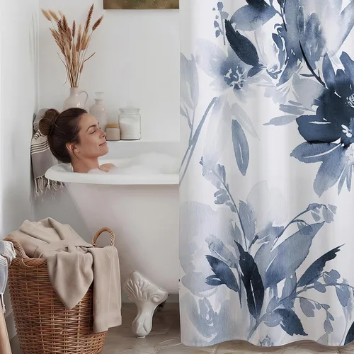 Miniatura 7 de WITHLOC - Cortina de ducha sin gancho y con forro interior impermeable de tela a presión, cortinas de tela para ducha con diseño de plantas y flores