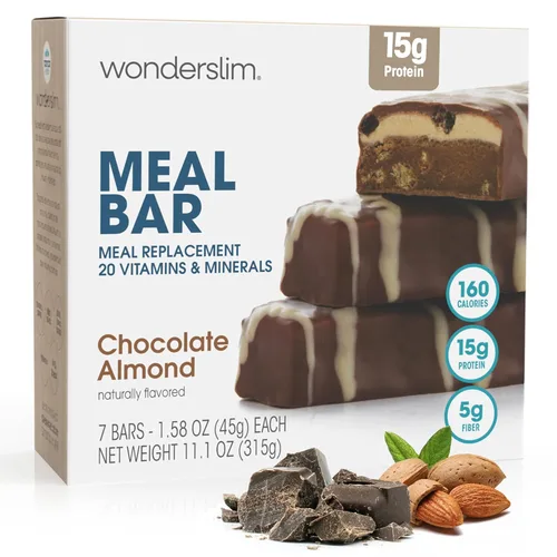 Miniatura 12 de Barra de proteínas WonderSlim para reemplazo de comida, Caramelo y Cacao, 15g de proteína, 20 vitaminas y minerales, sin gluten (7 unidades)