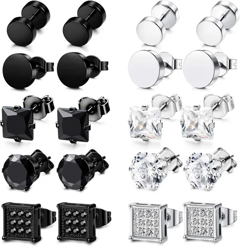 FIBO STEEL 10 pares de aretes de acero inoxidable para hombres y mujeres piercings de oreja de túnel de oreja con incrustaciones de circonita cúbica