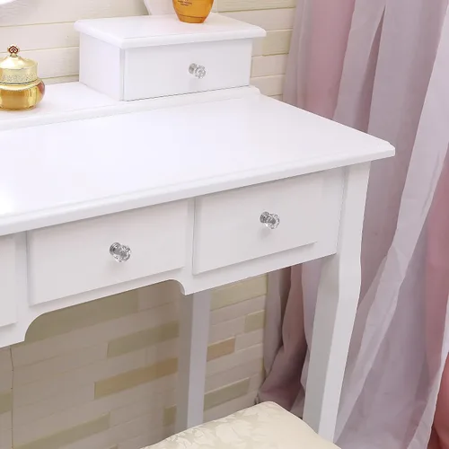 Miniatura 5 de Escritorio de tocador con espejo y luces – Tocador de maquillaje de madera, espejo ovalado y taburete, 3 modos de iluminación, 5 cajones grandes