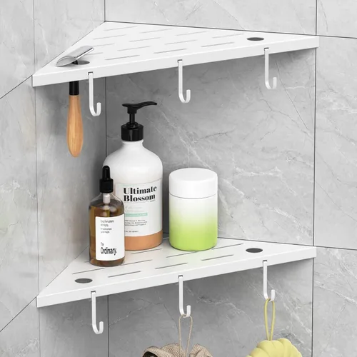 Miniatura 7 de Estantes esquineros de ducha, estante empotrado de acero inoxidable 304 negro mate de 10 pulgadas para baño, estante de lechada con ganchos