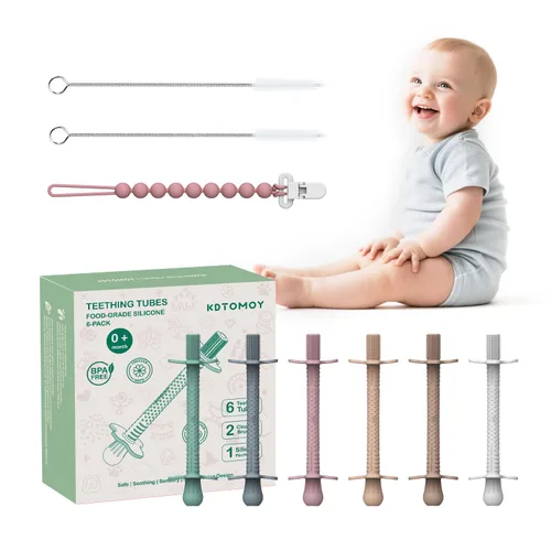 Miniatura 10 de Pajitas de dentición para bebés, mordedores de tubo de silicona para bebés de más de 3 meses, palos de mordedores huecos blindados para bebés