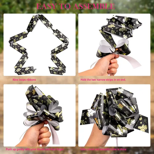 Miniatura 2 de LeZakaa 12 piezas de moños navideños con cinta - Diseño de jengibre negro y dorado - Perfecto para envolver regalos, floristería, ramos, cestas