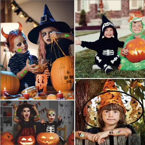 Miniatura 7 de Tatuajes temporales de Halloween para niños, paquete de 20 tatuajes de fiesta que brillan en la oscuridad, decoraciones de fiesta de cumpleaños